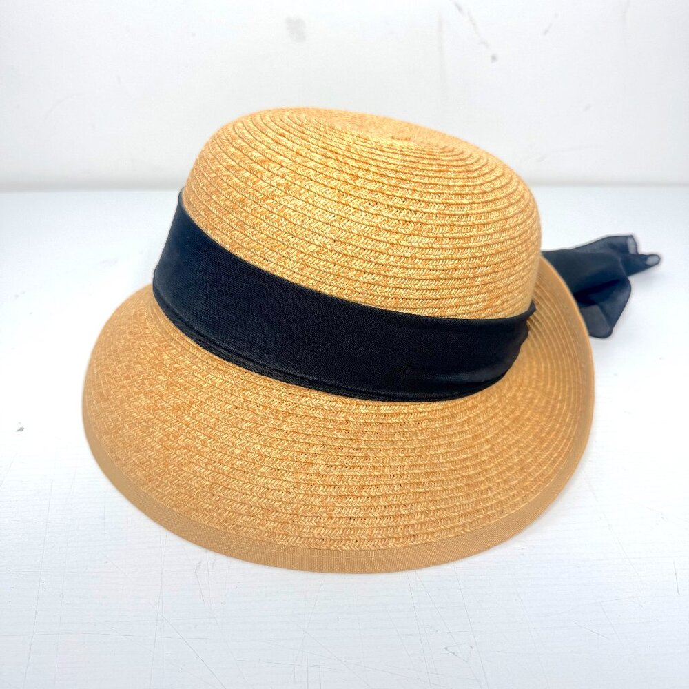 KALLINA Paper Straw Coastal Feminine Chiffon Bow Ribbon Asymmetrical Brim Hat OS